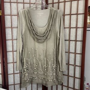 Soft Surroundings Taupe Embroidered Top PTP 21 inches